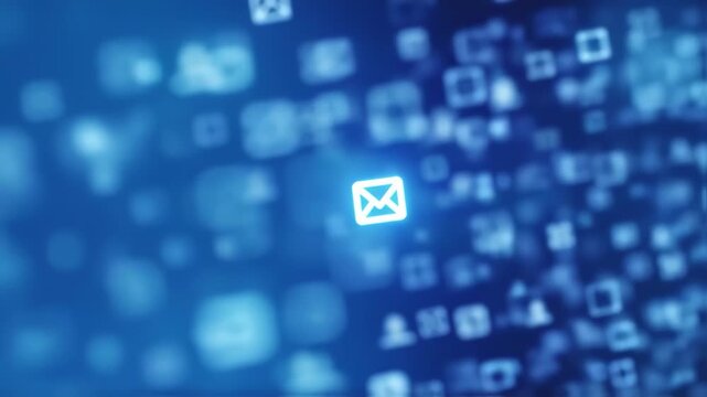 A glowing mail symbol amidst other defocused icons on a deep blue gradient background