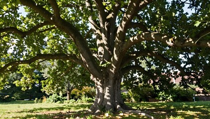 Fototapeta premium Majestic tree with leafy branches creates dappled shade on the ground