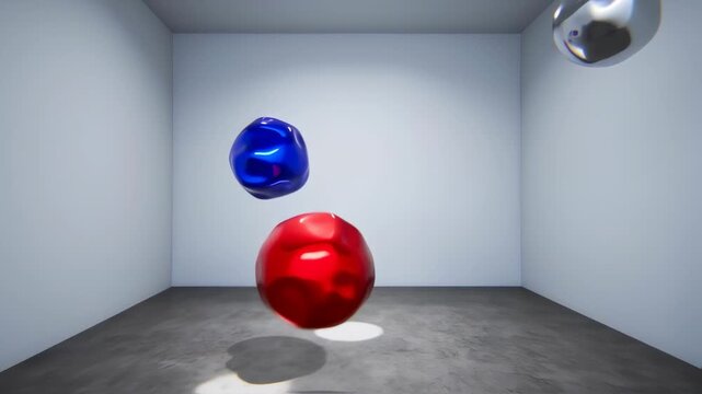 A minimalist room features floating, amorphous spheres reflecting light. The palette includes blue, red, and silver