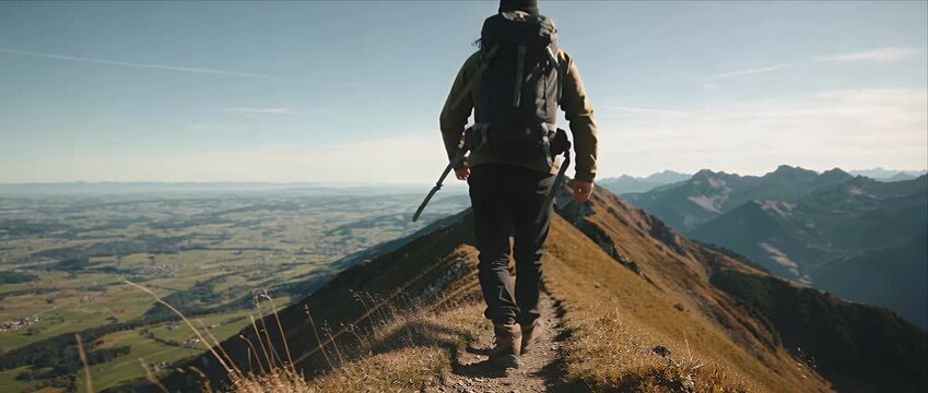 Hiking mountain ridge trail backpack adventure landscape travel nature man hiker explores serene narrow ridge path clear sky peaceful outdoor adventure landscape view toward distant valley ridge