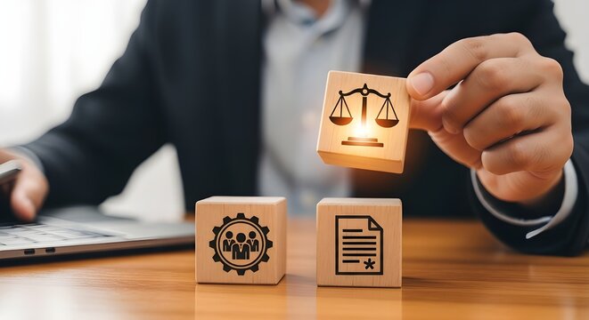 Professional holding justice scales block, symbolizing legal and ethical business governance