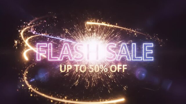 A vibrant flash sale video advertisement with sparkling lights and a dark background