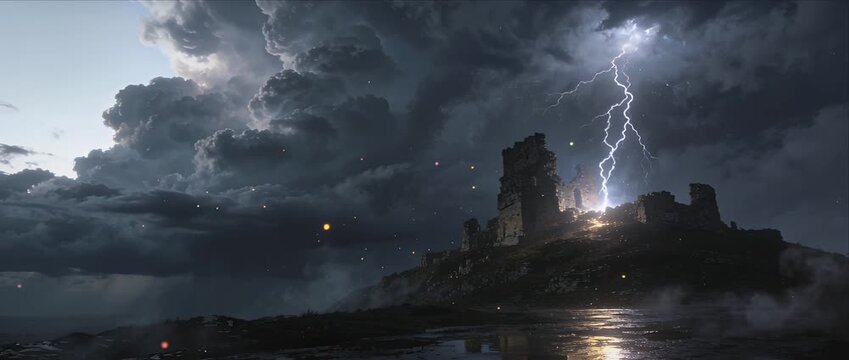 Stormy night fantasy castle ruin with lightning bolt and thunderbolt over ancient dark cloud sky, moody weather, glowing firefly light reflections, epic atmospheric storm landscape