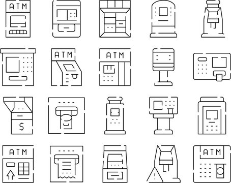 Outline icon set of automated teller machines and atm services depicting withdrawals, deposits, cash transactions, cards, terminals and digital banking tools for self service finance management