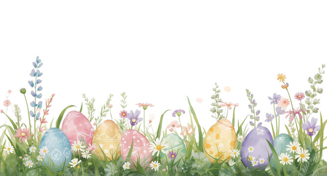 Watercolor Illustration of a Spring Meadow with Easter Eggs
