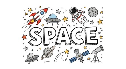 Fototapeta premium Whimsical illustration showcasing various space elements around the bold word 