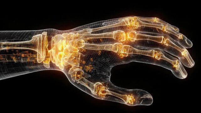 Illuminating the Human Hand: A striking visualization reveals the intricate skeletal structure of a hand, highlighting the joints with radiant detail, set against a dark background.