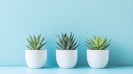 Obraz premium Three potted succulents in white pots on a blue background showcasing modern minimal design