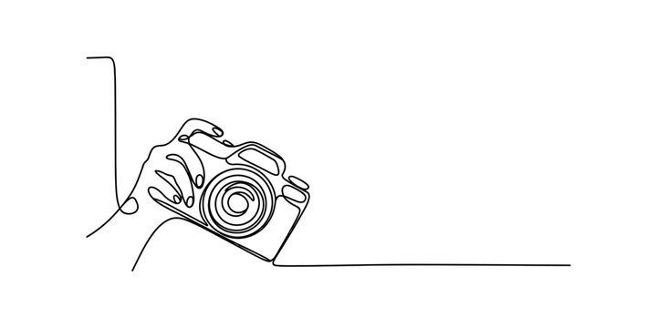Continuous one line drawing of a hand holding a professional dslr camera on white background Vector, illustration