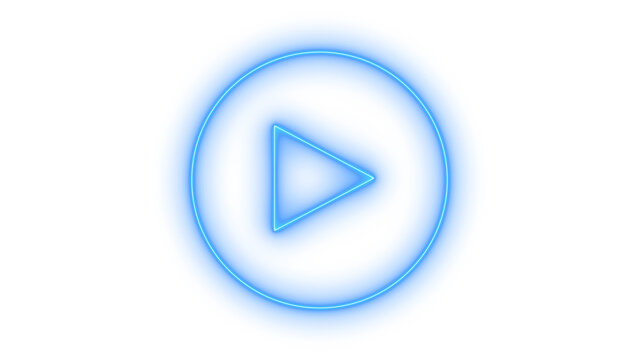A vibrant blue neon glowing play button icon symbol in a circle, representing media playback, start, video, and audio applications, isolated on transparent background