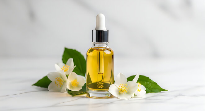 Essential oil bottle with jasmine flowers on marble background