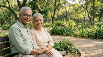 Fototapeta premium indian senior couple sitting on park bench smiling together in peaceful outdoor lifestyle portrait