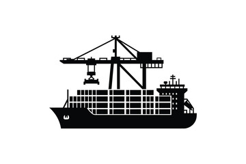 Obraz premium Container ship silhouette with port crane loading cargo - Cargo vessel at maritime terminal with gantry crane