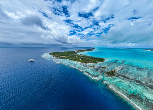 Aerial view of Anaa atoll and turquoise lagoon in French Polynesia