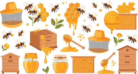 Beekeeping and Honey Production Vector Set with Bees, Honeycomb, Beehive Boxes, Honey Jar, Dipper, Flowers and Natural Honey Elements © Maslima