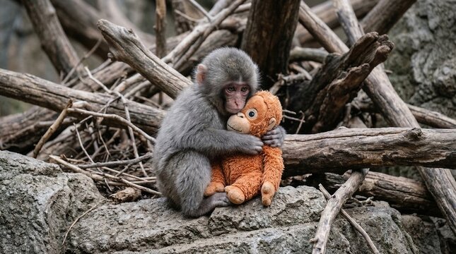 Sad Orphan Monkey With Toy Among Dry Branches