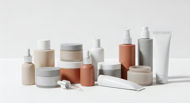 Assorted skincare products in neutral tones on white background