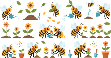 Cute Bee Gardening and Pollination Vector Set with Flowers, Watering Can, Seeds, Sprouts and Garden Tools Nature Illustration Collection © Maslima
