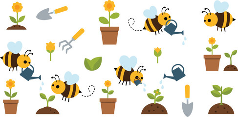 Cute Bee Gardening Vector Set with Watering Can, Flowers, Potted Plants, Garden Tools and Pollination Nature Elements Illustration Collection © Maslima
