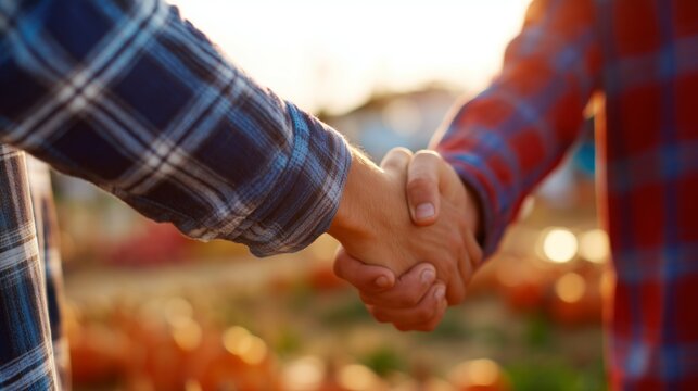 Farm Business Handshake at Golden Hour. Handshake in a sunlit agricultural field, symbolizing partnership, agreement, and cooperation in farming