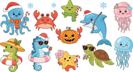 Naklejka premium Festive Ocean Creatures with Christmas, Halloween, and Summer Themes Featuring Octopus, Dolphin, Crab, Seahorse, and Jellyfish