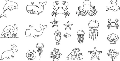 Minimalist Black and White Ocean Life Icons Set with Dolphins, Whales, Crabs, Jellyfish, and Starfish © MdJillur