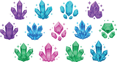 Colorful magical crystal cluster collection with fantasy gemstones quartz minerals glowing sparkles cartoon style vector illustration set © Lunavera art