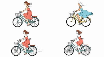 Fototapeta premium Stylish women riding vintage bicycles vector illustration