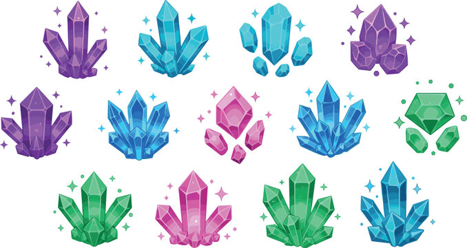 Colorful magical crystal cluster collection with fantasy gemstones quartz minerals glowing sparkles cartoon style vector illustration set