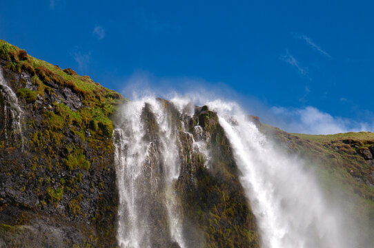 Seljalandsfoss Iceland, view of the top of the waterfall on a windy day