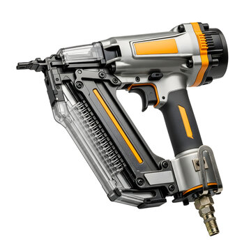 Professional pneumatic nail gun isolated on transparent background, construction tool