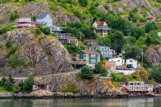 Colourful houses on the rocky coastal hillside of St. John's Newfoundland