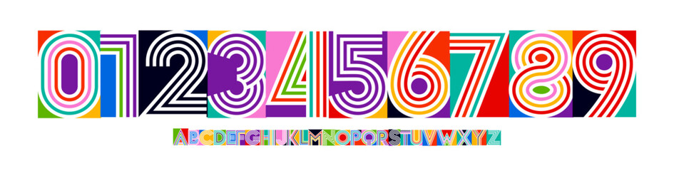 Naklejka premium Color Numbers Letters Alphabet Font for Kid Birthday Years Logo, Corporate Anniversary Sign, Race Sport Team Jersey Numeric. Colorful Cutout Paper Typographic Design. Vector Illustration