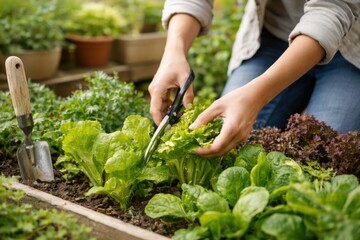 Fototapeta premium Person harvesting fresh lettuce and leafy greens in a home garden, using scissors to cut vegetables, surrounded by healthy plants and soil in a raised garden bed
