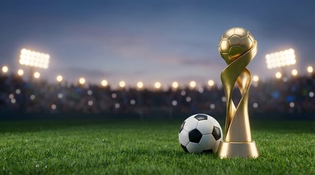 Generic football championship trophy with soccer ball on stadium field. Clean sports victory concept for football tournaments, championships and sports marketing.