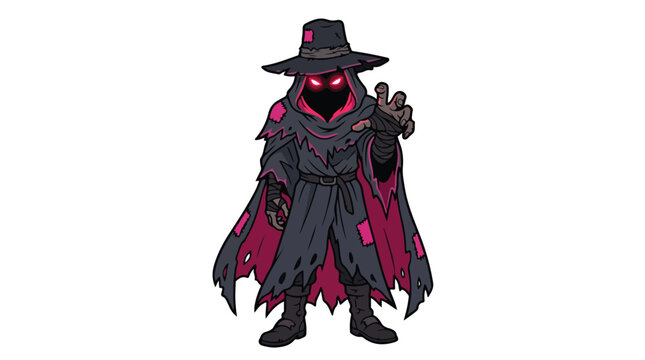 Mysterious hooded figure with glowing red eyes and tattered cloak.
