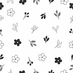 Fototapeta premium Minimal seamless floral pattern with simple black and gray flowers and leaves on a light background, perfect for modern textiles and clean surface designs.