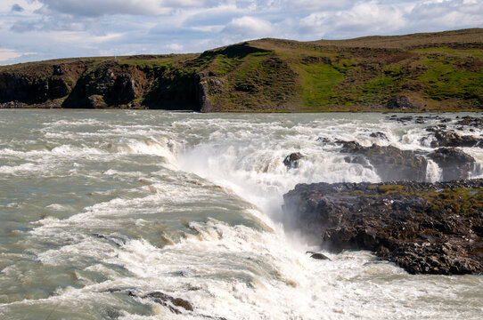 Urridafoss waterfall Iceland, top of waterfall flowing over rocks on  pjorsa river