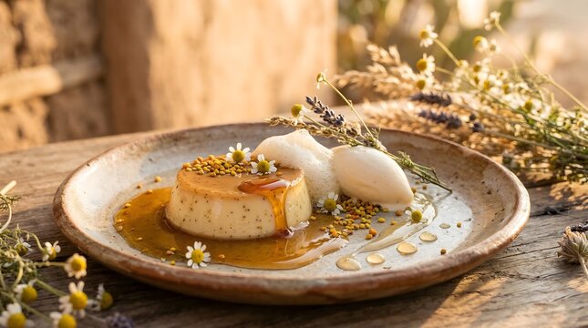 Chamomile Honey Flan with Bee Pollen and Honey Foam on Mexican Clay Plate