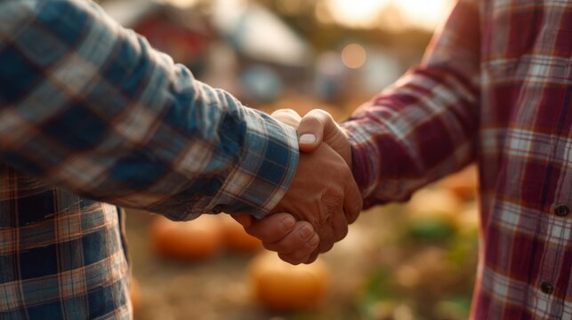 Farm Business Handshake at Golden Hour. Handshake in a sunlit agricultural field, symbolizing partnership, agreement, and cooperation in farming
