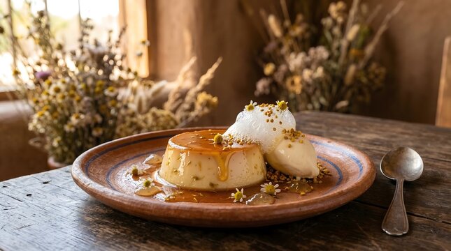Chamomile Honey Flan with Bee Pollen and Honey Foam on Mexican Clay Plate