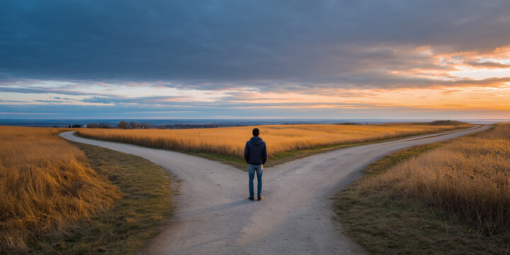 Road decision moment, with a person choosing between two paths in a scenic landscape, road decision, life choices