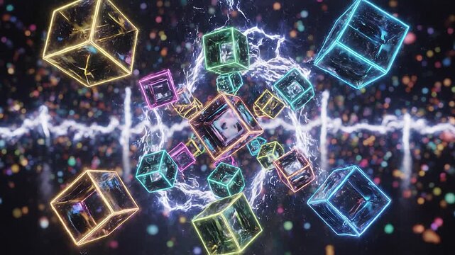 Abstract digital artwork of glowing neon wireframe cubes floating in dark space with colorful particles and electric waveform, symbolizing technology, data visualization, and digital energy.