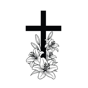 Black cross with white lilies flowers on white background