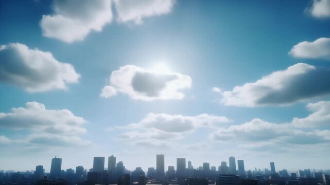 Vast urban skyline with sun shining brightly through scattered clouds in a vibrant blue sky, capturing the dynamic interplay of city and clear weather