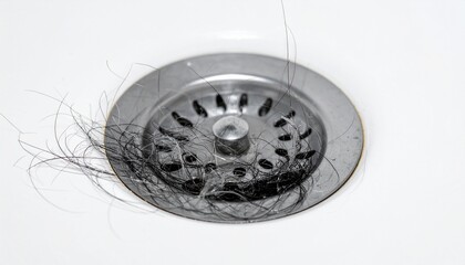 シャワーの排水口に集まった抜け毛のマクロクローズアップが伝える脱毛と育毛ケアのコンセプト写真