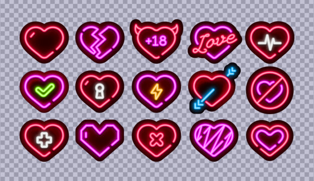 Neon heart sticker set with various love symbols and glowing effects. Bright romantic icons including broken heart, lock, check mark and lightning sign on transparent background