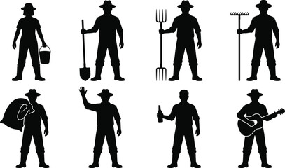 Farmer silhouettes collection, rural agriculture workers with shovel rake pitchfork bucket sack guitar farming lifestyle vector illustration set isolated © MdRayhan