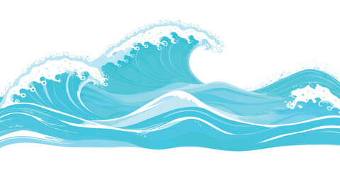 Dynamic ocean waves illustration with white foam, seamless blue water background, wave crest