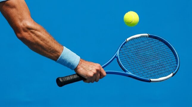 Mans arm holding blue tennis racket hitting yellow ball in mid air on blue court surface